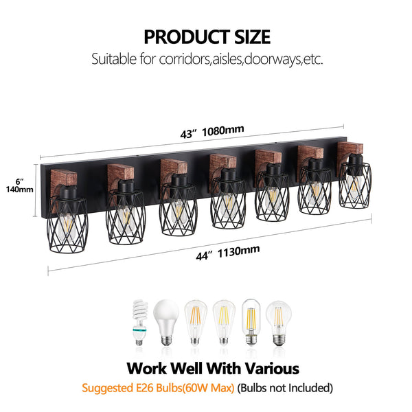 English Elm Industrial Seven Light Black Iron Cage Sconce with Walnut Wood Backplate for Bath W1340P276817