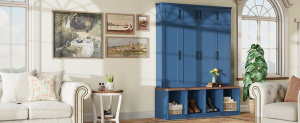 English Elm Farmhouse Hall Tree with Triple Arch Back Panel Eight Hooks Drawers and Entryway Bench Blue N721S000059C-1