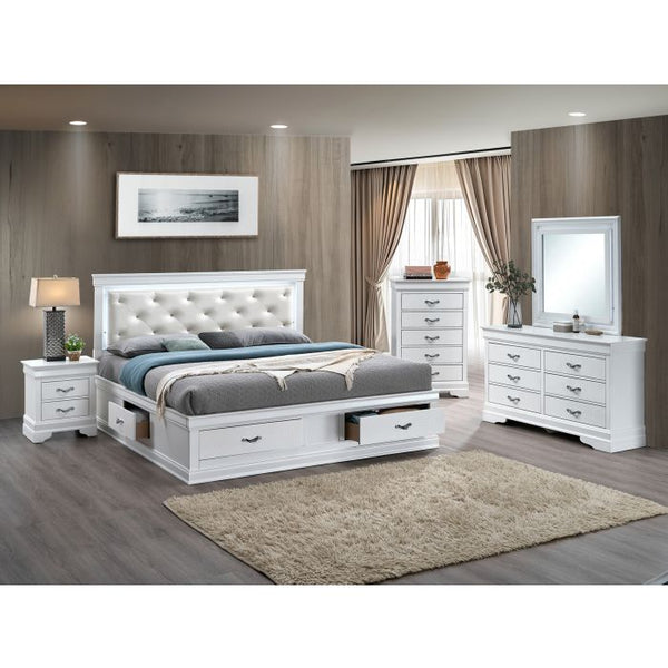 English Elm Lorana King Platform Bed with Led Lighting Tufted Faux Leather Glam Storage Frame White B078S00697
