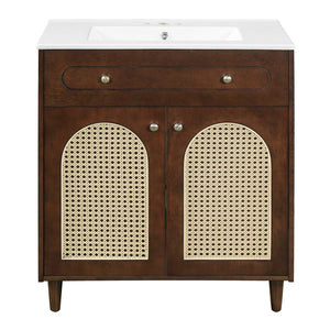 English Elm 30" Rattan Front Bathroom Vanity Solid Pine Cabinet with Ceramic Sink and Adjustable Shelf Walnut N710P293988P