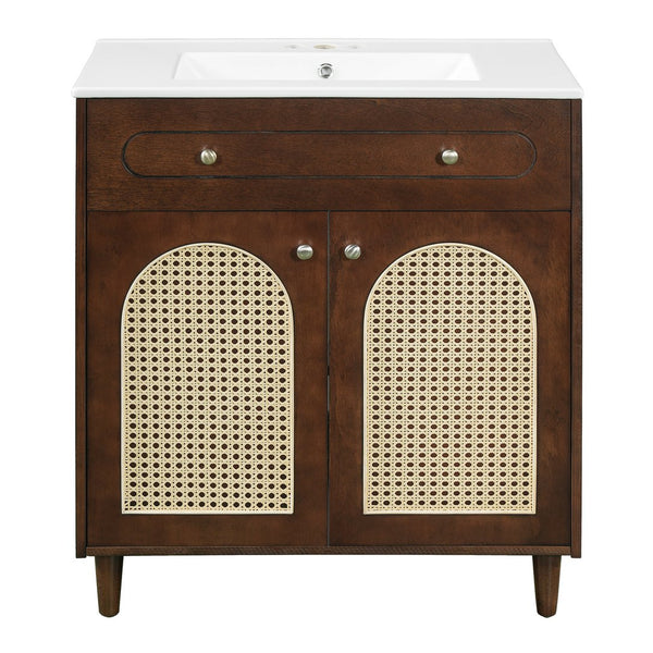 English Elm 30" Rattan Front Bathroom Vanity Solid Pine Cabinet with Ceramic Sink and Adjustable Shelf Walnut N710P293988P