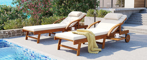 English Elm U_style Acacia Wood Outdoor Chaise Lounge Set with Cushions Adjustable Reclining Backrest Beige WY000482AAA
