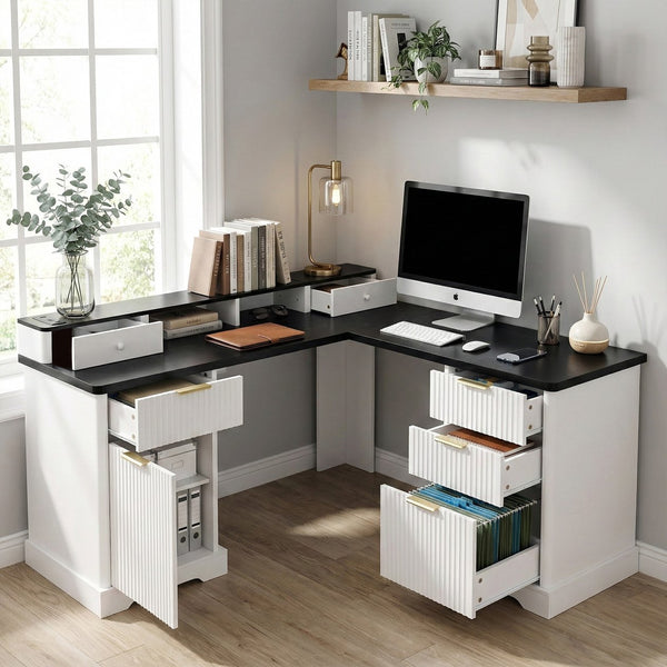 English Elm 59" Fluted Oak L-shaped Corner Desk with Charging Station Monitor Stand and File Storage White W2917S00004