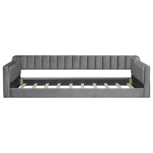 English Elm Twin XL Upholstery Daybed with Vertical Channel Tufting, Velvet Fabric, Slat Support & Side Storage Pocket for Guests Gray DL002210AAE