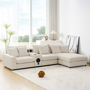 English Elm 114*64'' Corduroy Cloud Sectional with Bluetooth Speakers Usb Charging Ottoman Lounge Sofa N723S9756A