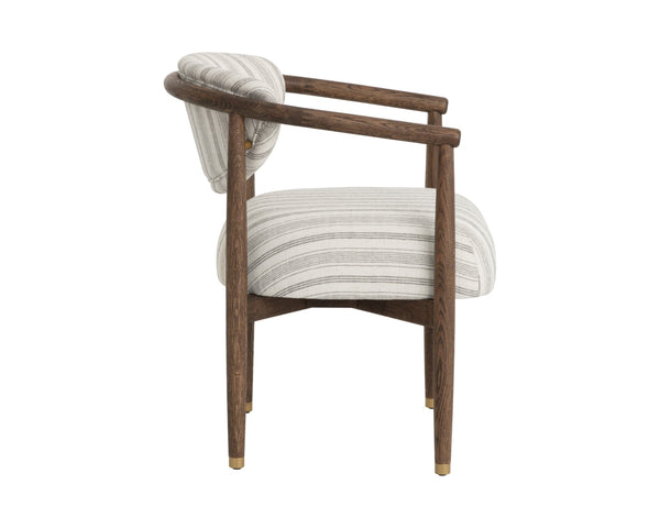 Sunpan SIGRID Dining Armchair - Antique Brown Gifford Script Fabric, Elegant Dark Oak Frame & Steel Accents 112630