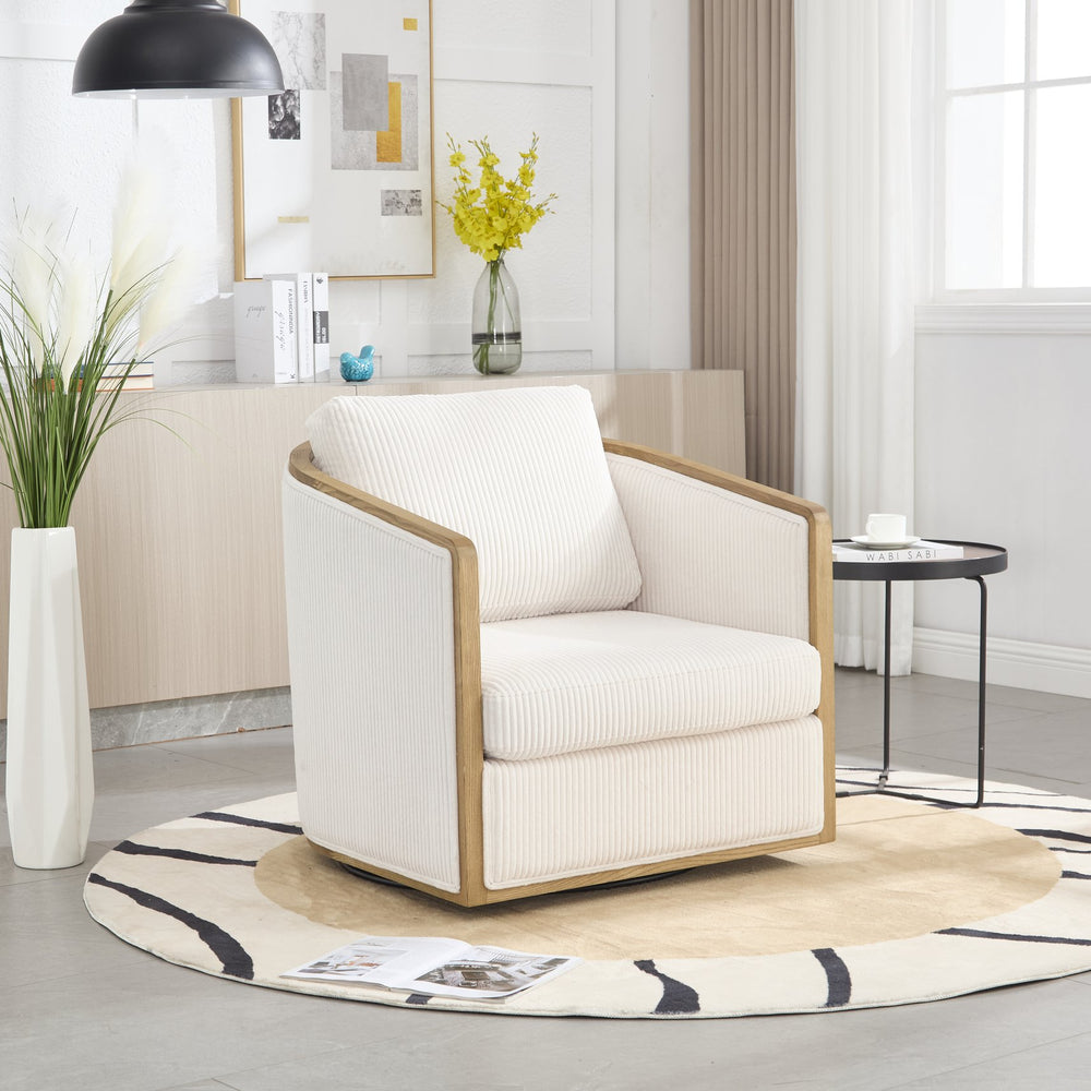 English Elm Corduroy Swivel Barrel Chair with Sturdy Hardwood Frame & Metal 360° Base, Plush Foam Seat, 300lb Capacity Beige W395P220270