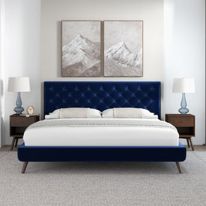 English Elm Ashcroft Furniture - Dillon Luxurious Blue Velvet King Platform Bed With Scrolled Headboard And Nailhead Trim Design B183S00093