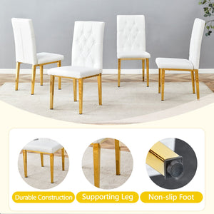 English Elm 4 White+Gold Dining Chairs Set – Quilted PU Seats, Studded Grid Back, Gold Metal Legs, Elegant 4-Pack W1512P410623