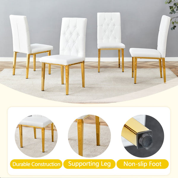 English Elm 4 White+Gold Dining Chairs Set – Quilted PU Seats, Studded Grid Back, Gold Metal Legs, Elegant 4-Pack W1512P410623