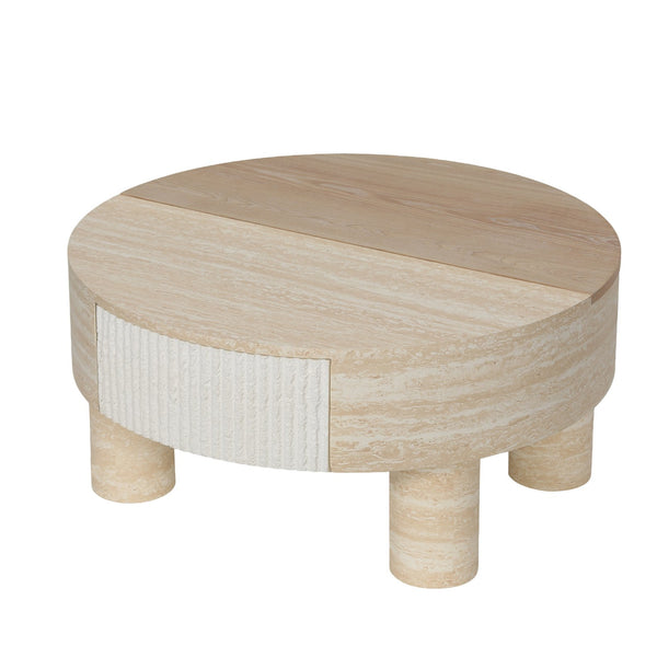 English Elm Round Fluted Coffee Table with Flip Top Hidden Storage Drawers for Small Living Rooms W3040P428644