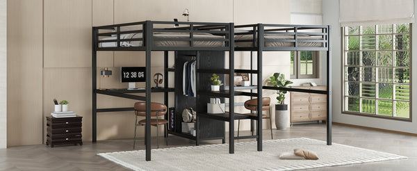 English Elm Twin Metal Loft Bed with Study Desk Wardrobe Shelving and Outlet for Kids Rooms Black W1580S00371