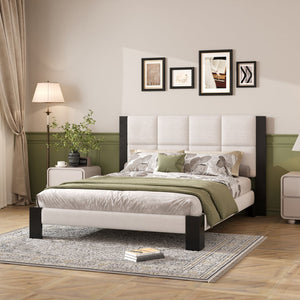 English Elm Christopher Knight Home® - Boucle Queen Upholstered Bed Frame with Square-Stitched Headboard, Beige Fabric & Black Legs - Cozy Platform Design N758Q545253A