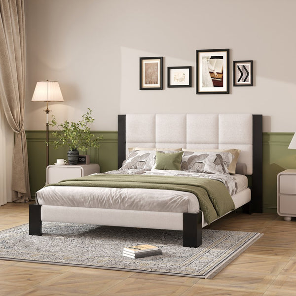 English Elm Christopher Knight Home® - Boucle Queen Upholstered Bed Frame with Square-Stitched Headboard, Beige Fabric & Black Legs - Cozy Platform Design N758Q545253A