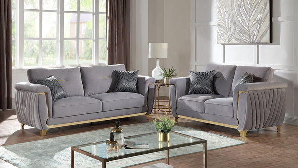English Elm Leena Contemporary 3Pc Living Room Set With Plush Gray Upholstery & Gold Accents For Modern Elegance B009S01439