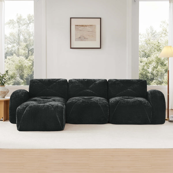 English Elm L-shaped Velvet Sectional Sofa Tufted Modular Seating with Ottoman for Living Room Black W714S01627