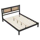 English Elm Queen Size Wooden Platform Bed With Natural Rattan Headboard, Exquisite Elegance With Minimalist Charm For Bedroom, Black