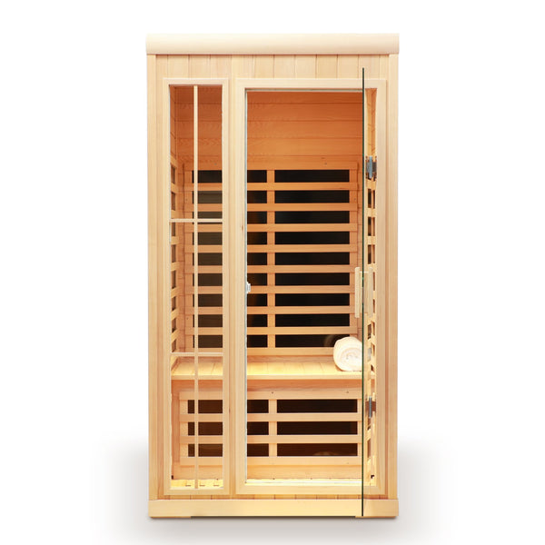 English Elm Deluxe Hemlock Far Infrared Sauna with Led Lighting Bluetooth Audio and Glass Door W632S00009