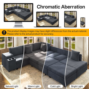 English Elm 110.2" Corduroy Sectional Sleeper Sofa with Ottoman Usb Ports Storage Armrests Living Room Dark Gray W3219S00012