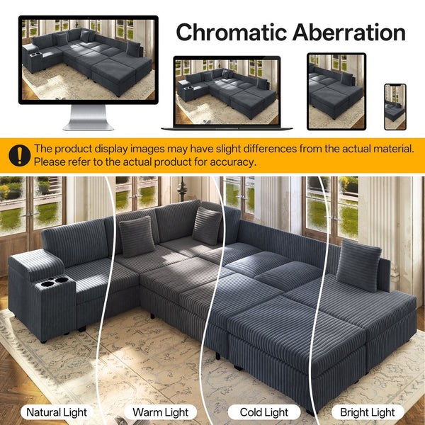 English Elm 110.2" Corduroy Sectional Sleeper Sofa with Ottoman Usb Ports Storage Armrests Living Room Dark Gray W3219S00012
