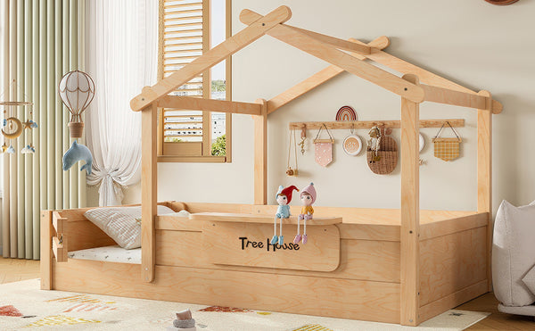 English Elm Twin Low Loft Bed Solid Pine Frame with Built-in Led Lighting and Storage Shelves Natural W1580P396331