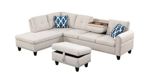English Elm Black Faux Leather Sectional Sofa with Cup Holders Storage Ottoman and Nailhead Trim Beige B2730S00024