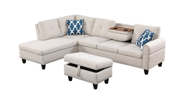 English Elm Black Faux Leather Sectional Sofa with Cup Holders Storage Ottoman and Nailhead Trim Beige B2730S00024