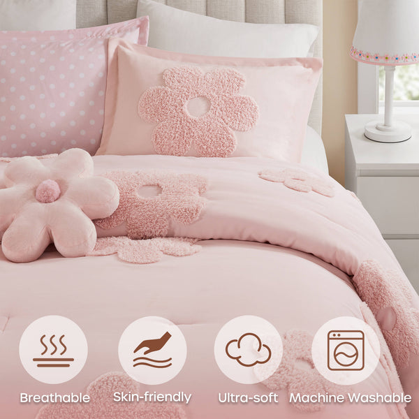 JLA Home Urban Habitat Kids - Floral Reversible Tufted Chenille Comforter Set with Pink Floral & Polka Dot Reverse, Hypoallergenic Cozy 88 L x 88 W x 1H UHK10-0237