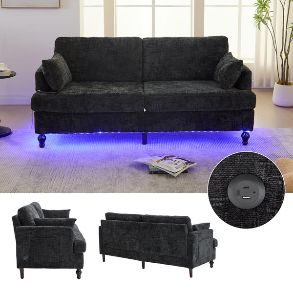 English Elm Modern chenille 2-seater sofa with LED lighting, USB charging, storage pocket, sturdy wood legs Black W395P318548