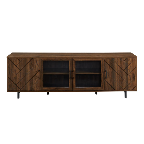 English Elm Walker Edison - Modern Scandinavian 4-Door Herringbone TV Stand 70" with Tempered Glass, Adjustable Shelves, Cord Management Dark Brown 75 L x 21 W x 7 H B185P169389