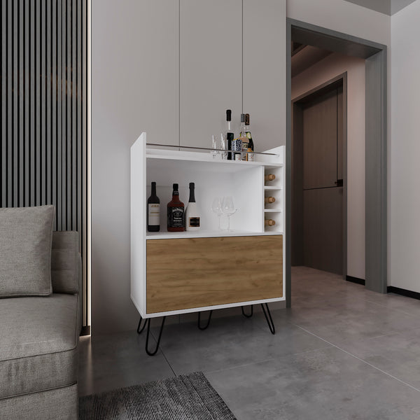 English Elm Bar Cabinet with Concealed Double Doors and 8 Wine Bottle Slots, Durable Engineered Wood Storage Solution White 44.88 L x 20.47 W x 6.3 H B097P296874