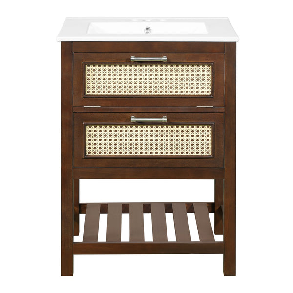 English Elm 24" Rattan Front Bathroom Vanity with Ceramic Sink Deep Drawer Storage Mdf Cabinet Dark Brown N710P293990P