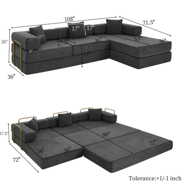 English Elm 108'' Modular Cloud Sectional Corduroy Couch with Fold Flat Backrest for Living Rooms Grey W1117S00292