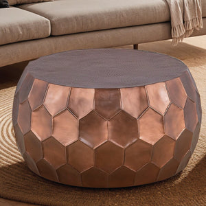 English Elm Modern Round Hand-Hammered Aluminum Coffee & End Table Set — Hexagonal Patterned Artisanal Design Copper B009S01531