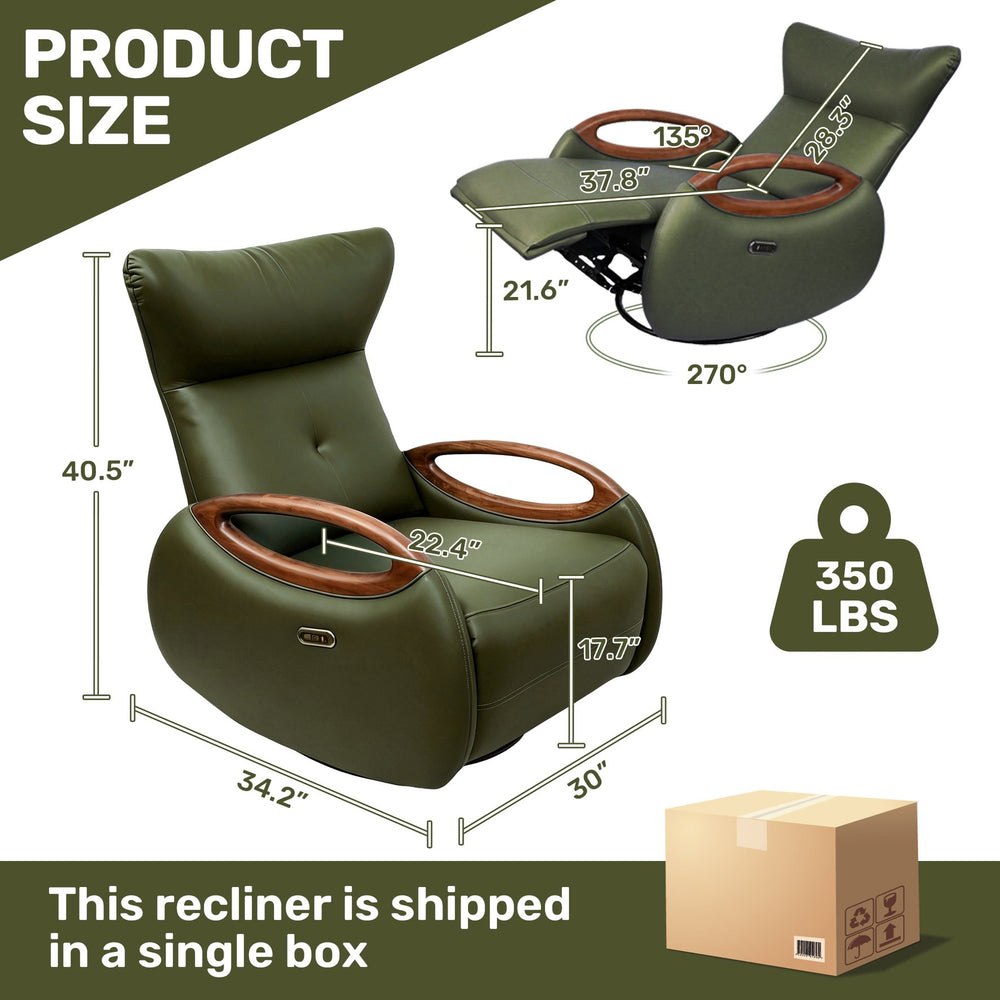 English Elm Power Reclining Swivel Chair Eco Leather Oak Armrests 260 Degree Lounge Seating Green W3795P502504