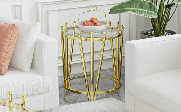 English Elm 19.69inch Gold Round Coffee Table with Crown Frame, 8mm Tempered Glass, Stainless Steel Base, Chic Storage Clear W1550P171466