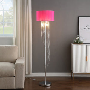 English Elm 65.75"H Sheer White Drum Shade Floor Lamp with Cascade Crystal Raindrops, Chrome Metal Elegance for Living Room Multicolor B072P220161