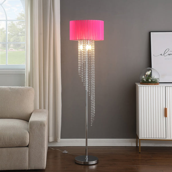 English Elm 65.75"H Sheer White Drum Shade Floor Lamp with Cascade Crystal Raindrops, Chrome Metal Elegance for Living Room Multicolor B072P220161
