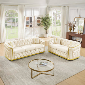 English Elm 2 Piece Velvet Chesterfield Sofa Set with Gold Steel Trim Button Tufted Living Room Couch Beige W1191S00102