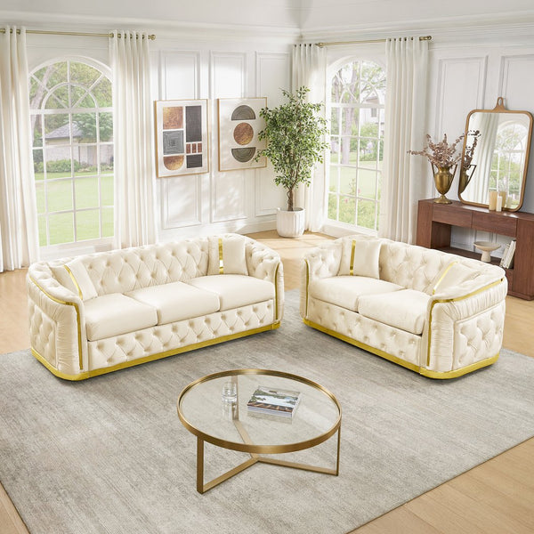 English Elm 2 Piece Velvet Chesterfield Sofa Set with Gold Steel Trim Button Tufted Living Room Couch Beige W1191S00102
