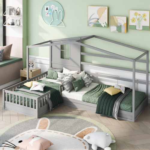 English Elm Wood House Bed L Shaped Twin Frame Solid Pine Kids Bedroom with Fence Rail Slats LP001345AAE