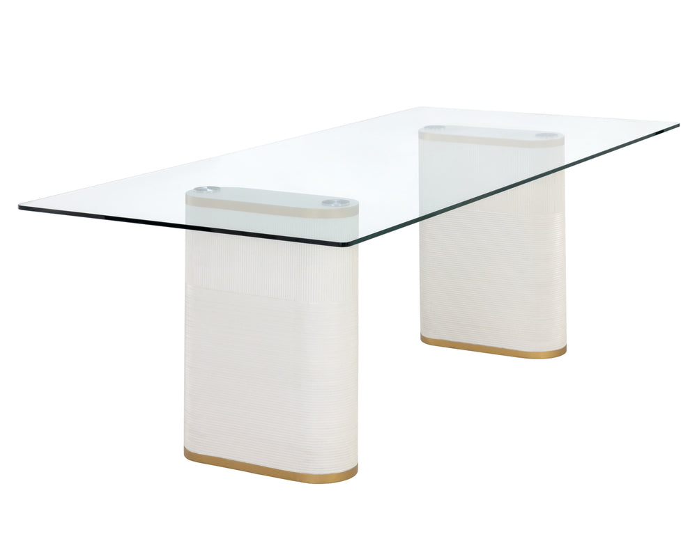 Sunpan Aemond 86.5" Elegant Dining Table with Clear Glass Top & White Concrete Legs for Stylish Spaces