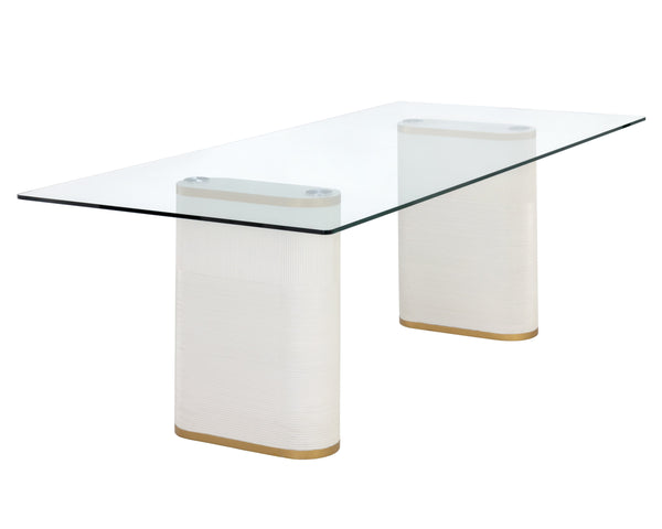 Sunpan Aemond 86.5" Elegant Dining Table with Clear Glass Top & White Concrete Legs for Stylish Spaces