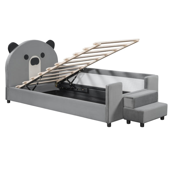 English Elm Twin Velvet Daybed Bear Headboard Hydraulic Storage Kids Bedroom Frame Gray SF000129AAE