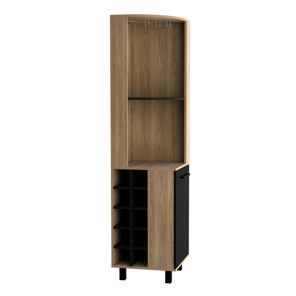 English Elm Kaia 70" Tall Corner Bar Cabinet with 10 Wine Cubbies, Stemware Rack & 4 Shelves in Black Pine B070S00254