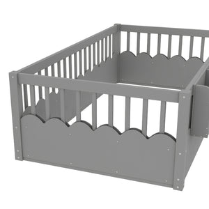 English Elm Twin Low Profile Kids Floor Bed Pine Wood Frame with Safety Rail and Built in Bookshelf Gray W1580P373135