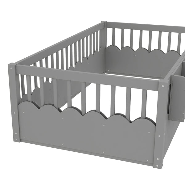 English Elm Twin Low Profile Kids Floor Bed Pine Wood Frame with Safety Rail and Built in Bookshelf Gray W1580P373135