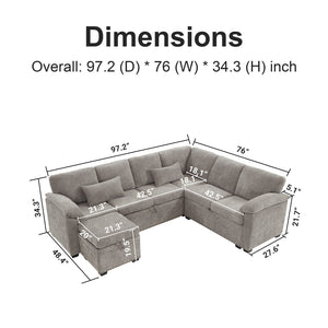 English Elm 97 Inch L-shaped Chenille Sectional Sofa with Sleeper Storage Ottoman 7 Seats Grey W1669S00018