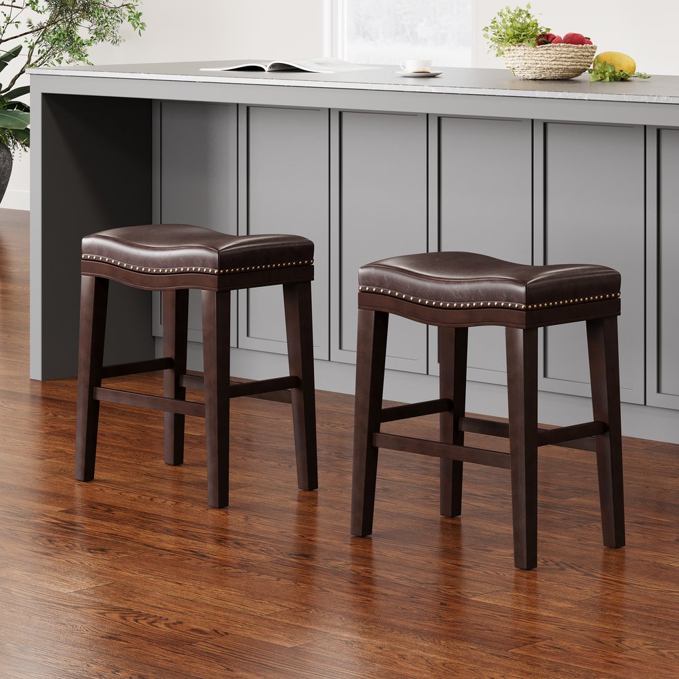 English Elm Christopher Knight Home® - 26" Contemporary Saddle Counter Stool Set Of 2 - Dark Brown Upholstered With Nailhead Trim Design 62474.00PU