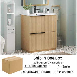 English Elm Christopher Knight Home® - 30" Bathroom Vanity With Ceramic Sink, Soft-Close Drawers & Fluted Natural Finish For Elegant Style N817P295760N